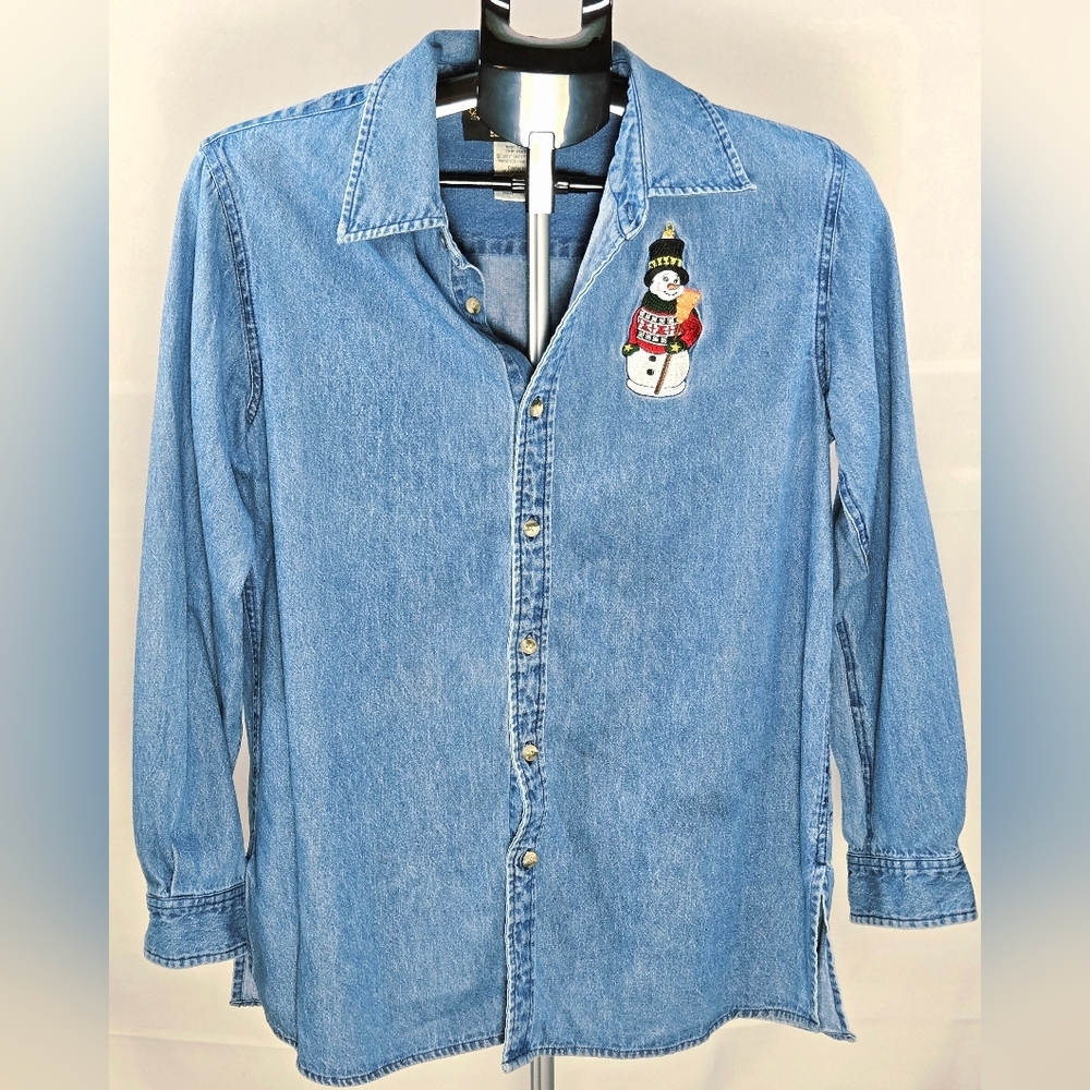Vintage 90's Christopher‎ Radko Bellepointe Embroidered Snowman Denim, Small